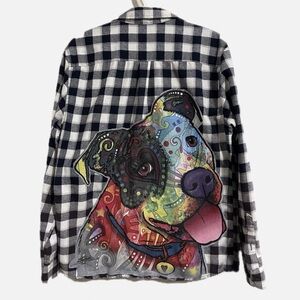 Upcycled “Dog Lovers” Flannel Plaid Shirt